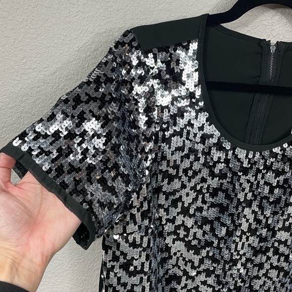 NWT Pleione Sequin Sparkle Short Sleeve Blouse Top Party Black Silver Sz MP - Picture 3 of 8